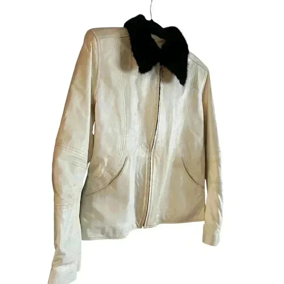 Ira Hoss Women’s 100% Leather Jacket Genuine Mink Collar Ivory Zip Up Size M - Picture 2 of 12